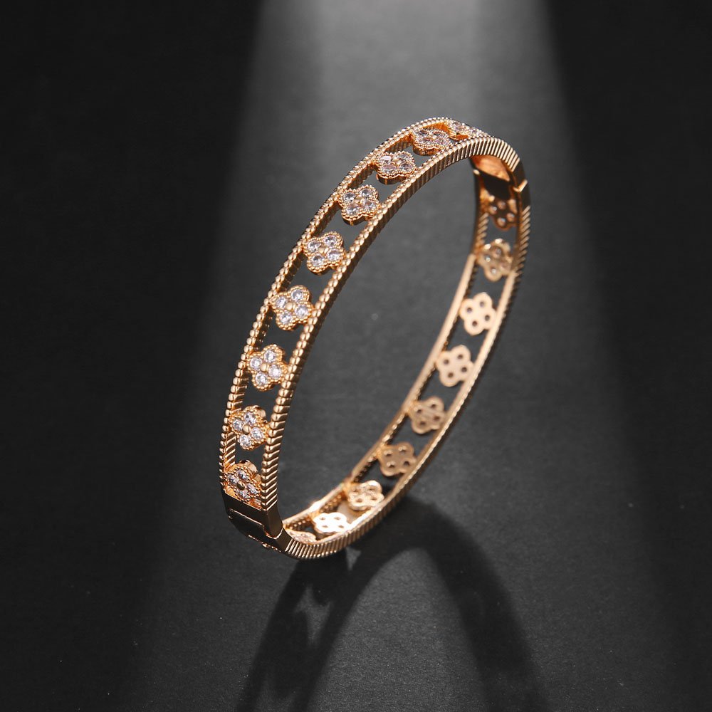 Cubic Botany Flower Zirconia Bangle Bracelet Gold
