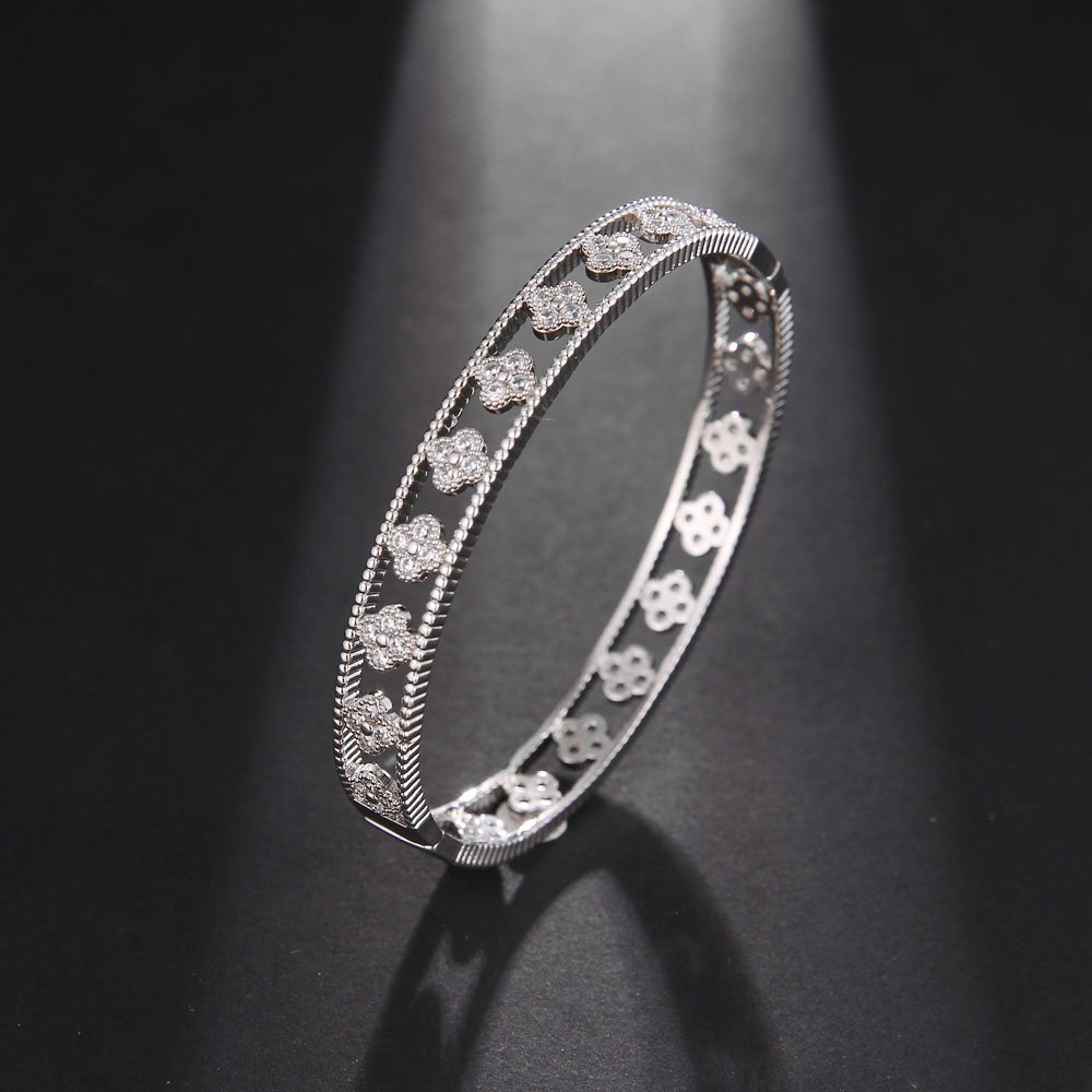 Cubic Botany Flower Zirconia Bangle Bracelet Platinum