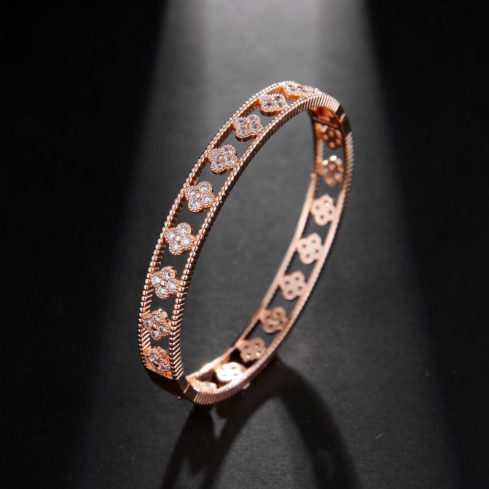 Cubic Botany Flower Zirconia Bangle Bracelet Rose Gold