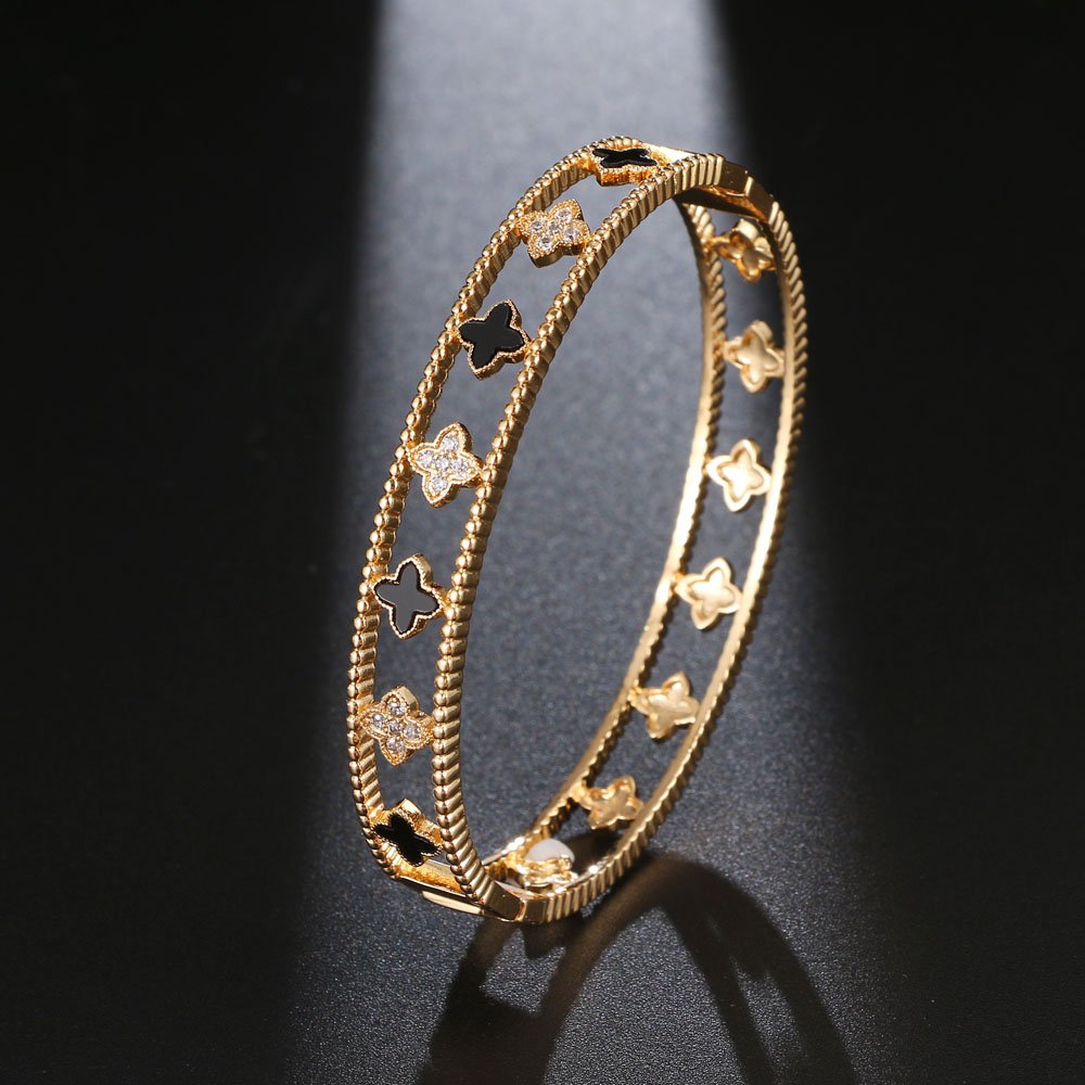 shell flower shape zirconia bangle bracelet gold black