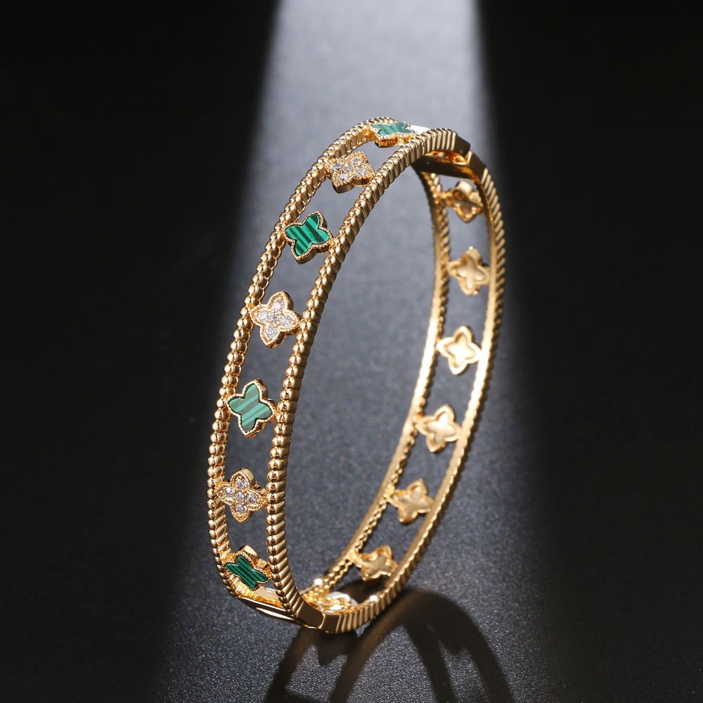 shell flower shape zirconia bangle bracelet gold green