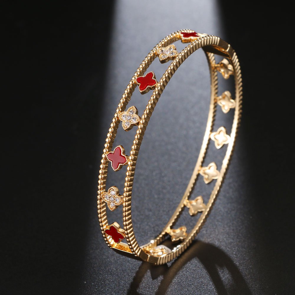 shell flower shape zirconia bangle bracelet gold red