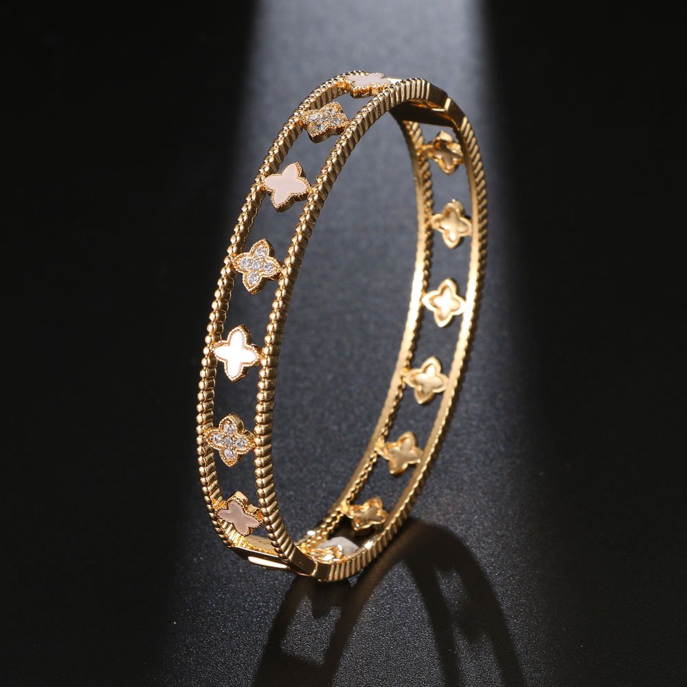 shell flower shape zirconia bangle bracelet gold white