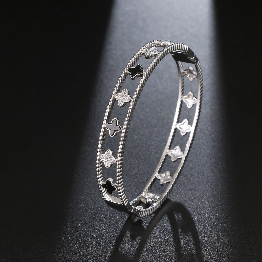 shell flower shape zirconia bangle bracelet platinum black