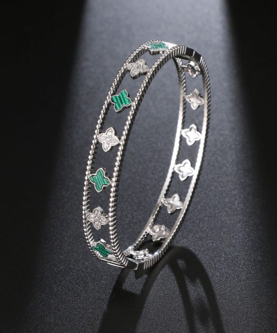 shell flower shape zirconia bangle bracelet platinum green