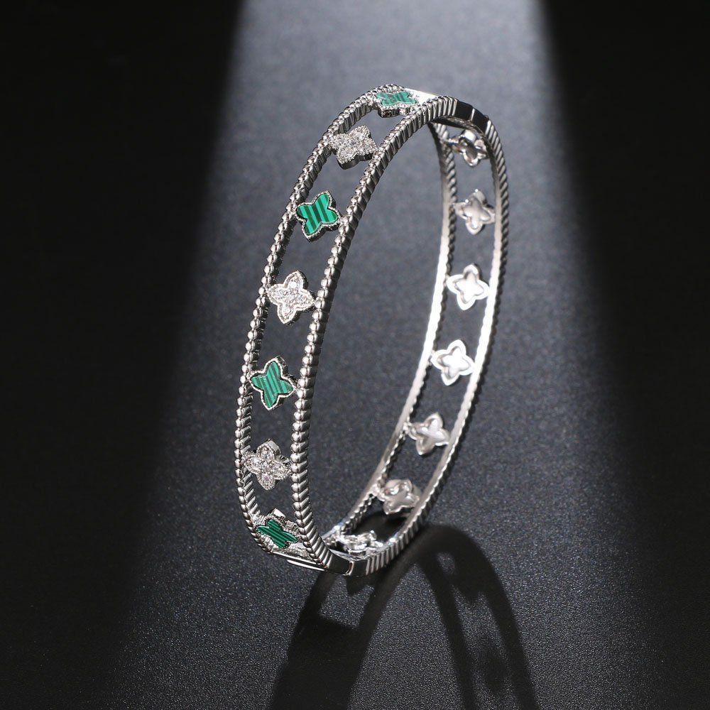 shell flower shape zirconia bangle bracelet platinum green