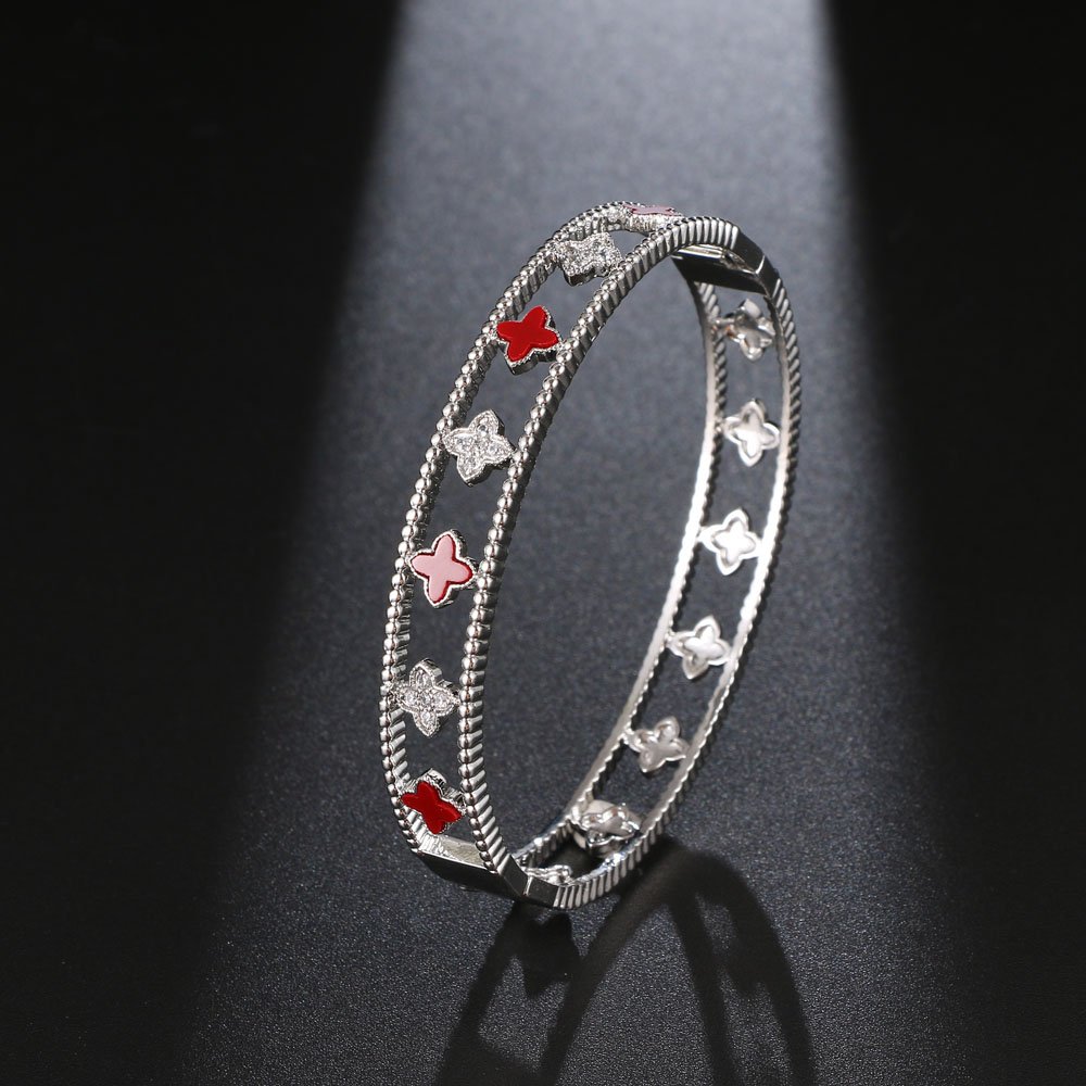 shell flower shape zirconia bangle bracelet platinum red