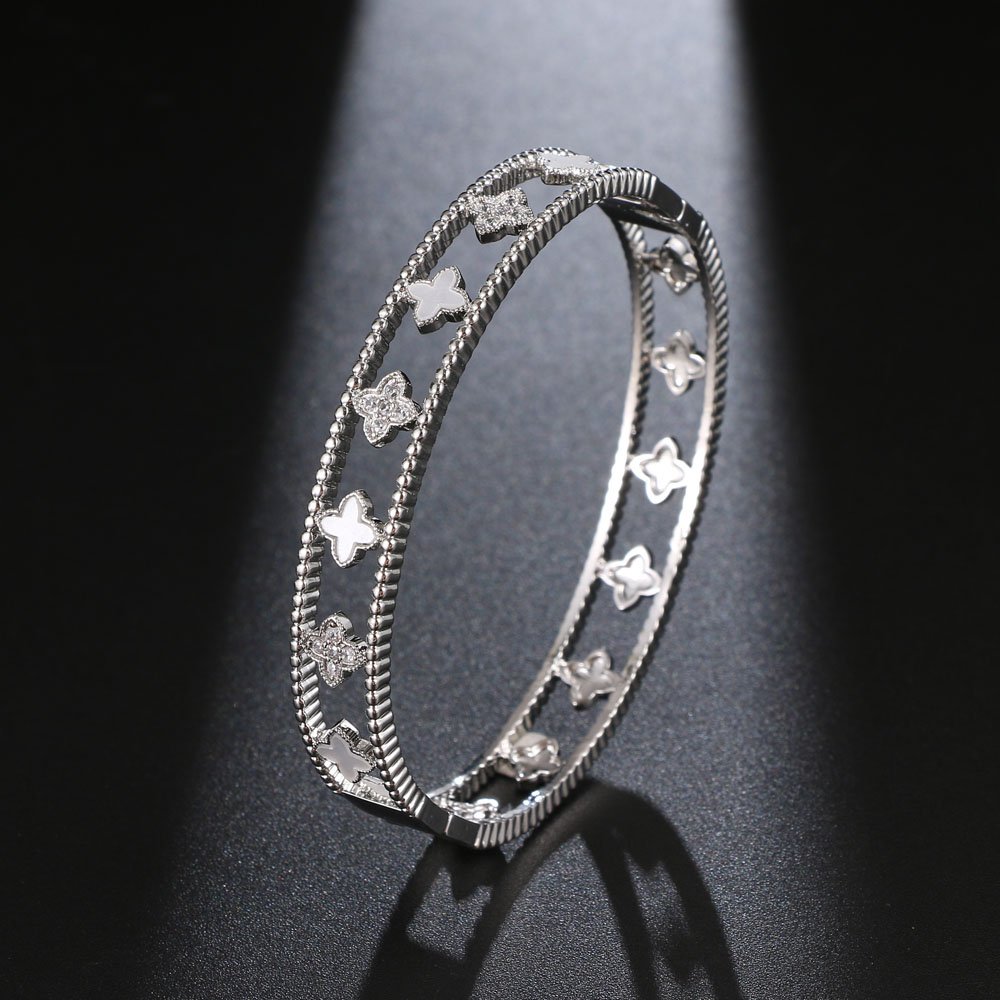 shell flower shape zirconia bangle bracelet platinum white