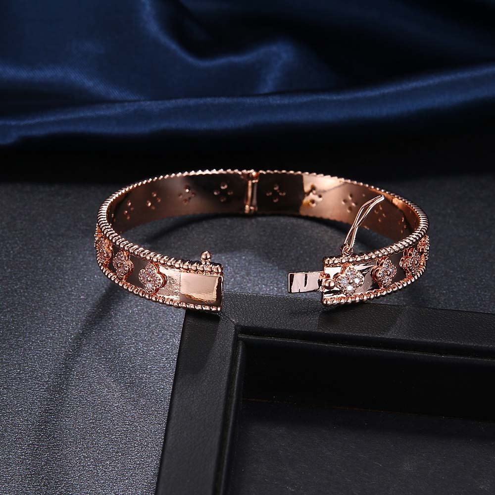 Vintage Clover Zirconia Copper Bangle Bracelets unfold