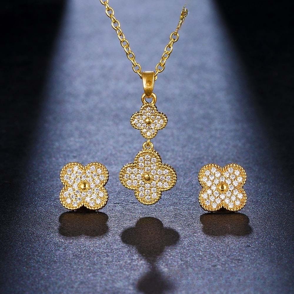 four-leaf clover 3A zirconia necklace earring jewelry sets gold four-leaf clover 3A zirconia necklace earring jewelry sets gold