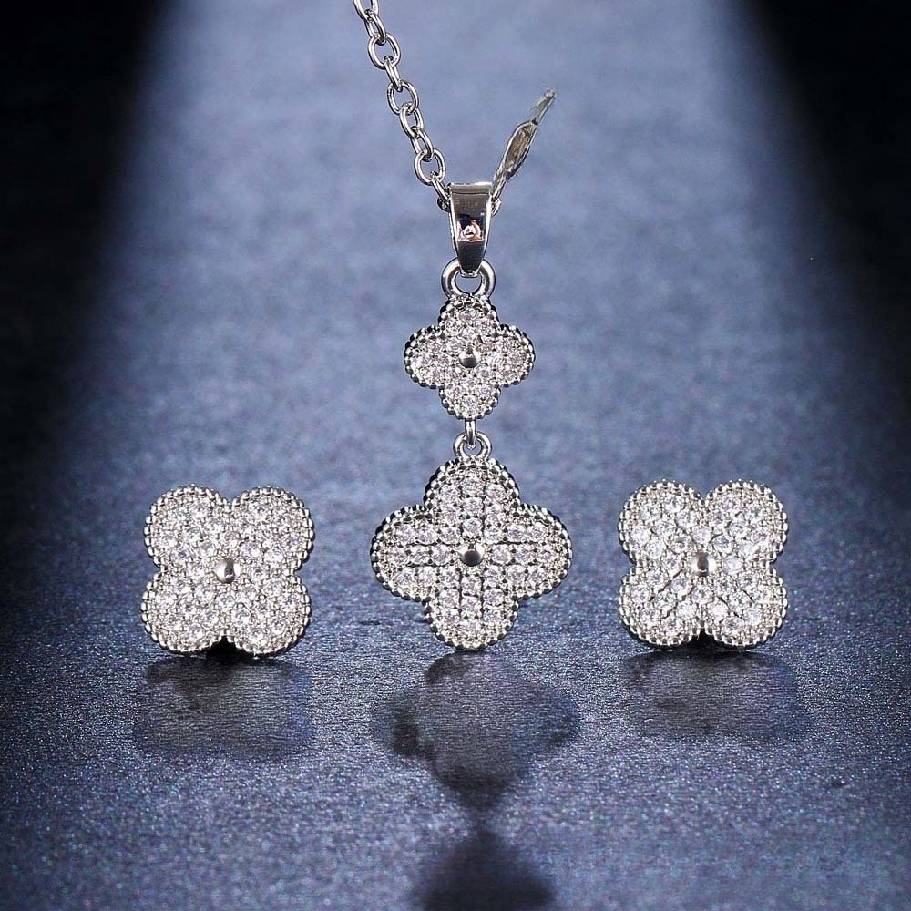four-leaf clover 3A zirconia necklace earring jewelry sets platinum