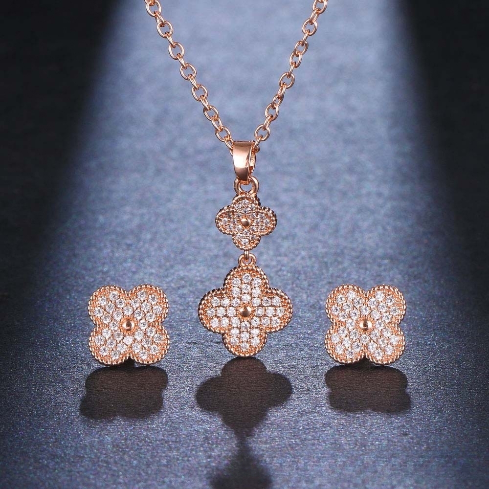 four-leaf clover 3A zirconia necklace earring jewelry sets rose gold