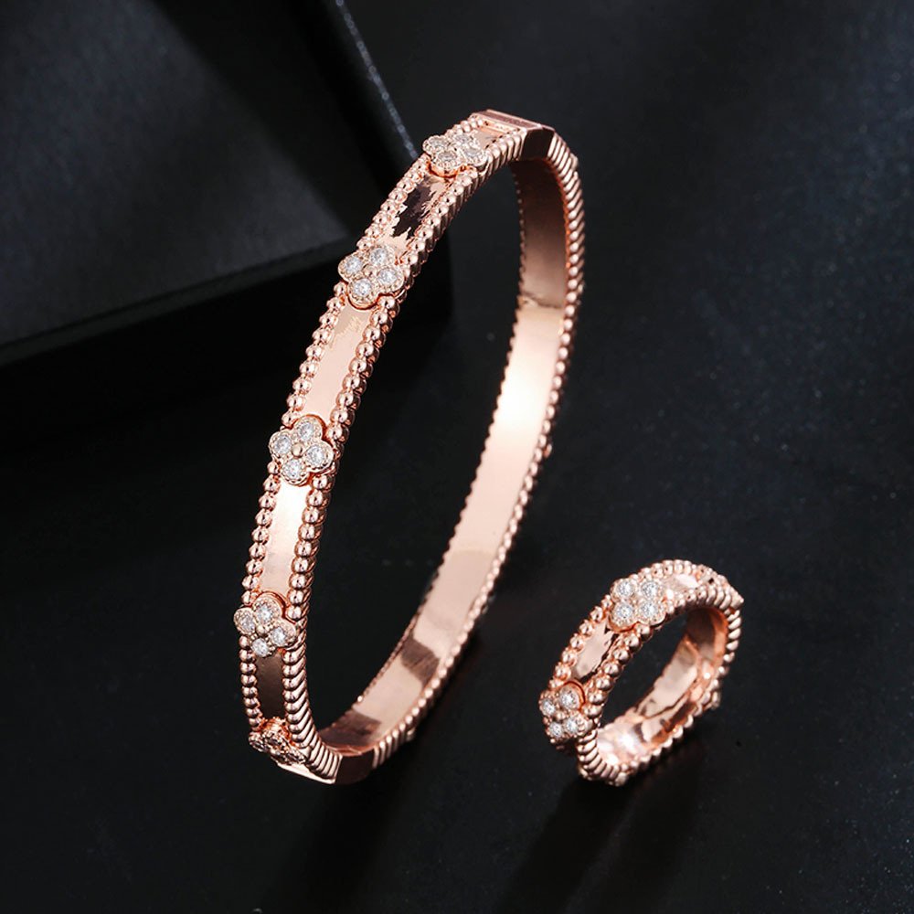 four leaf clover kaleidoscope zirconia bangle ring jewelry sets rose gold