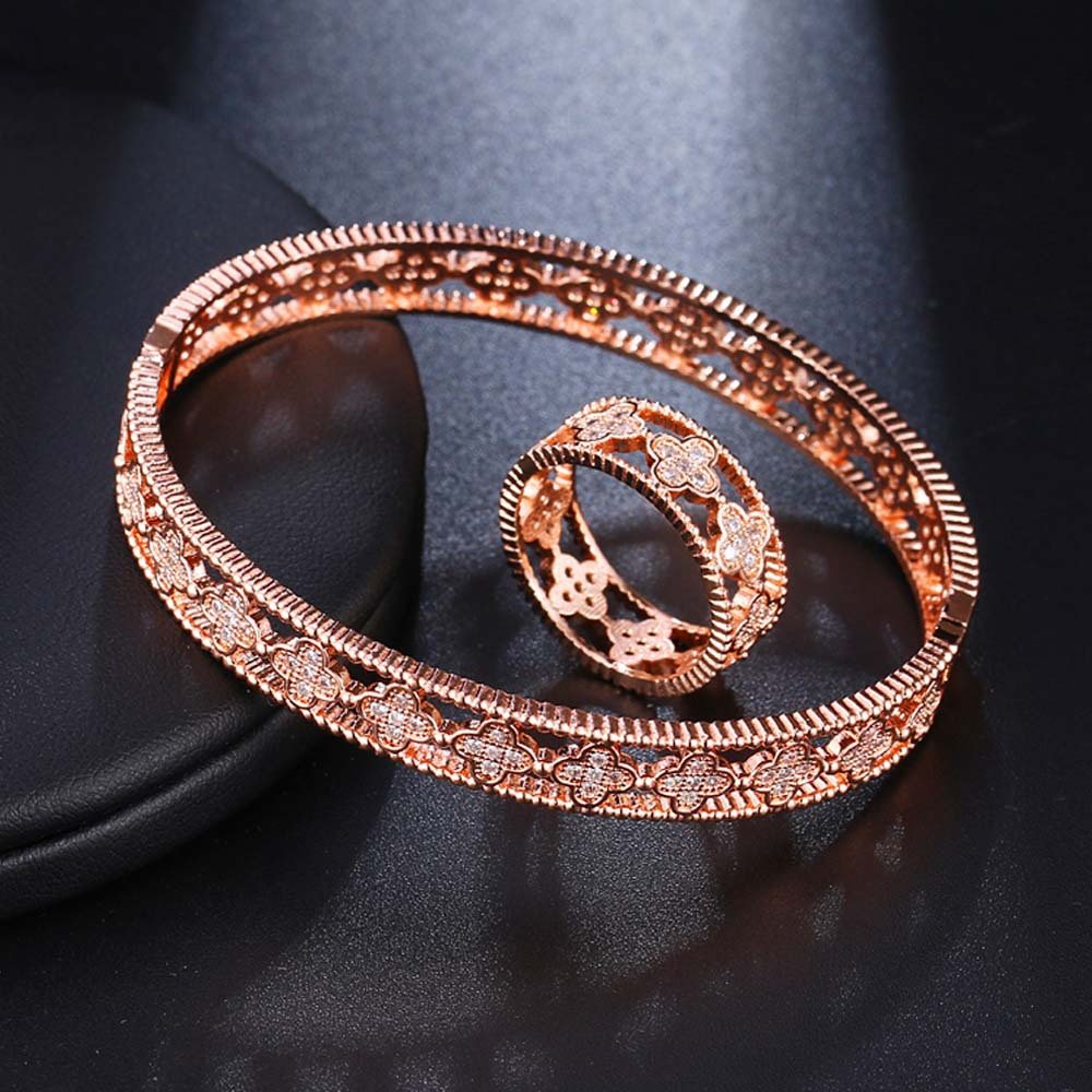 four-leaf clover zircon bracelet ring jewelry sets rose gold