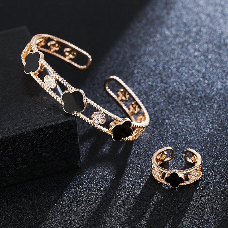 four-leaf clover zirconia lucky flower ring bangle jewelry sets gold black