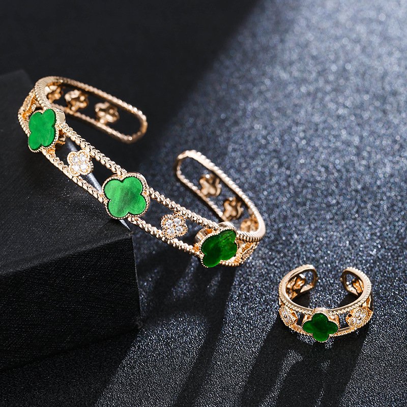 four-leaf clover zirconia lucky flower ring bangle jewelry sets gold green
