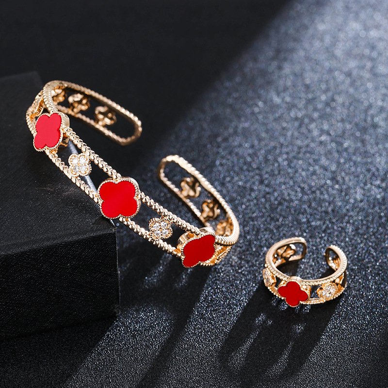 four-leaf clover zirconia lucky flower ring bangle jewelry sets gold red
