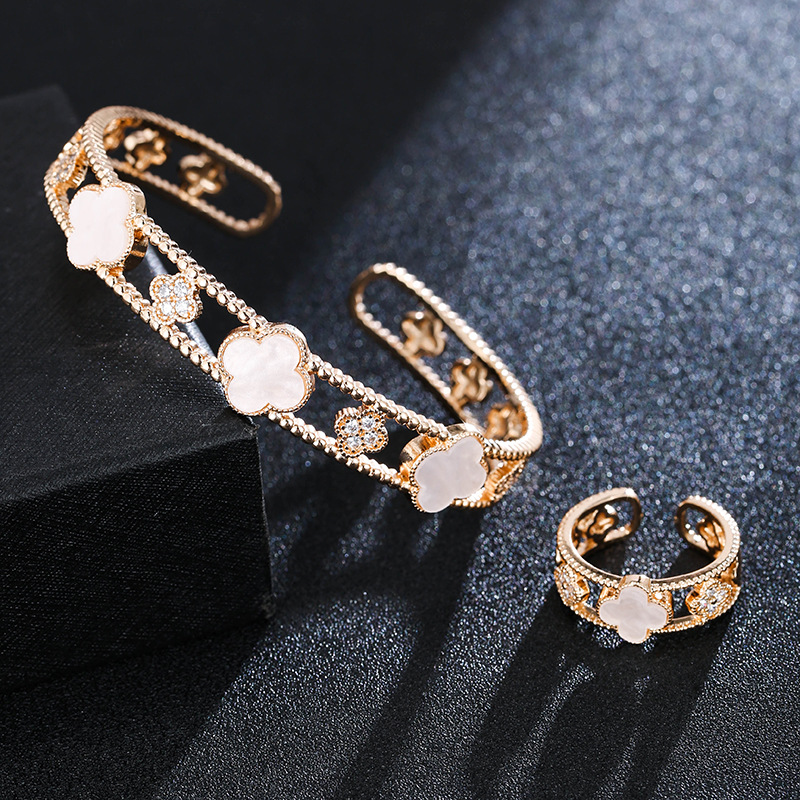 four-leaf clover zirconia lucky flower ring bangle jewelry sets gold white
