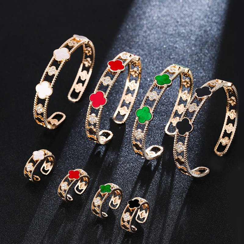four-leaf clover zirconia lucky flower ring bangle jewelry sets four-leaf clover zirconia lucky flower ring bangle jewelry sets