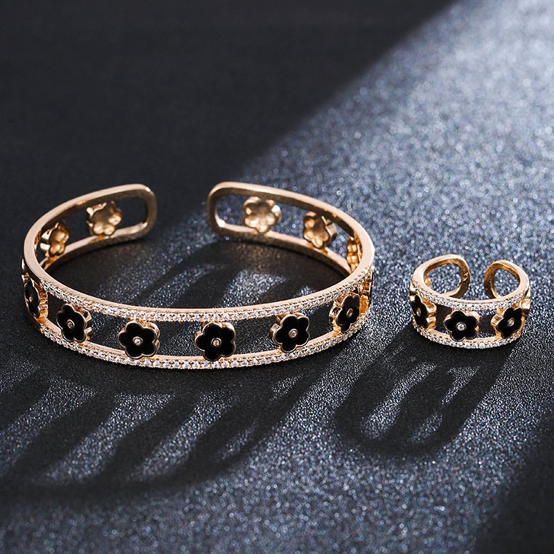 fresh clover zirconia lucky straw ring bracelet jewelry sets gold black