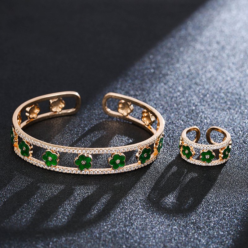 fresh clover zirconia lucky straw ring bracelet jewelry sets gold green