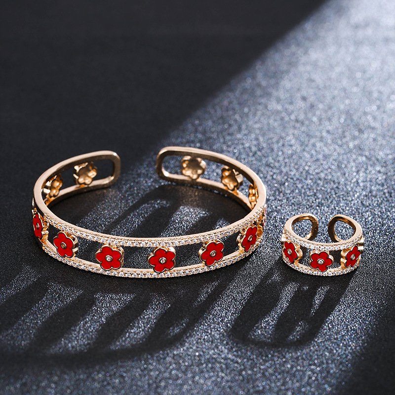 fresh clover zirconia lucky straw ring bracelet jewelry sets gold red