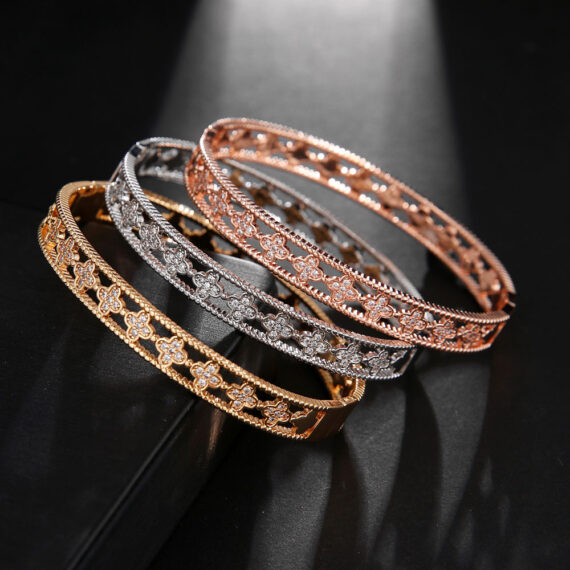 lucky four-leaf clover zirconia openwork bangle bracelets