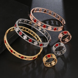 luxury four-leaf clover zirconia openwork bracelet ring jewelry sets