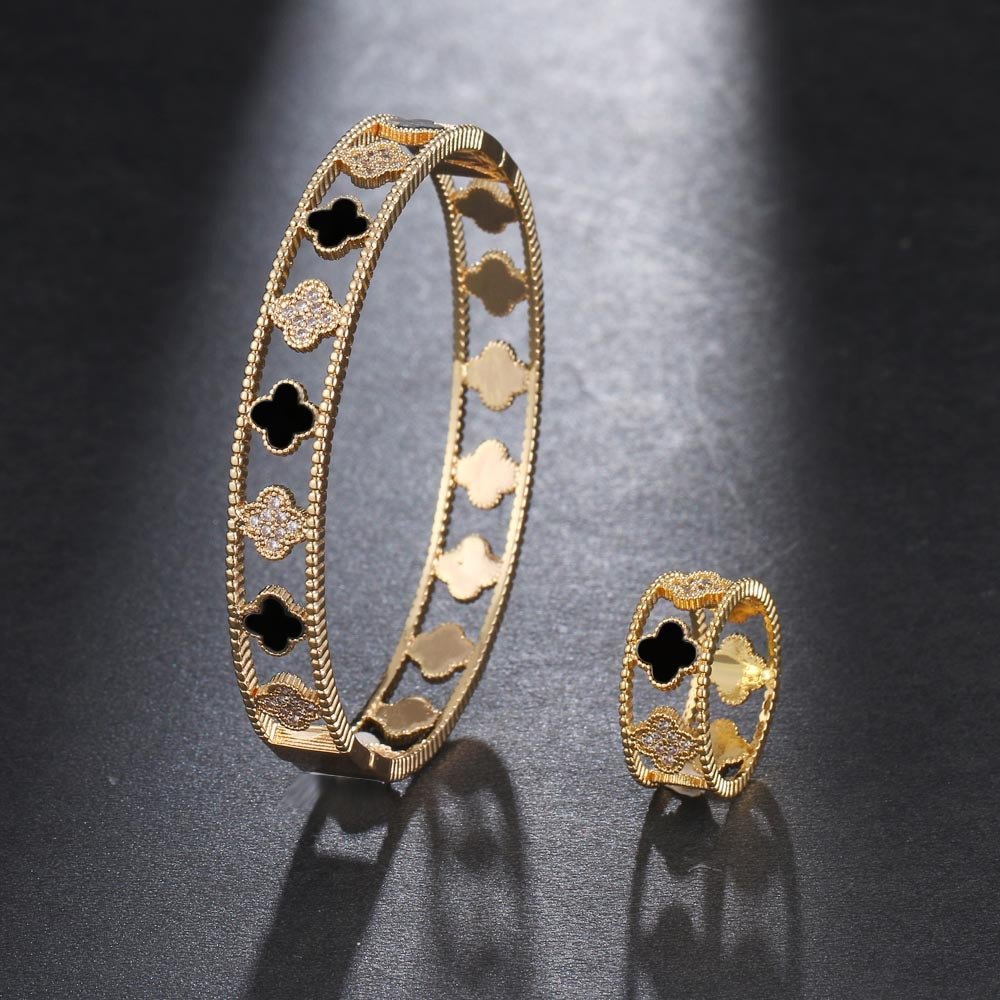 luxury four-leaf clover zirconia openwork bracelet ring jewelry sets gold black