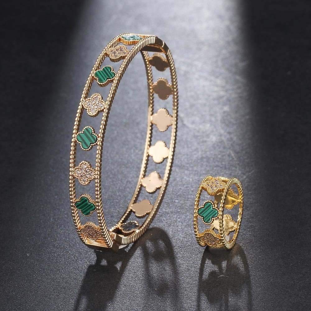 luxury four-leaf clover zirconia openwork bracelet ring jewelry sets gold green