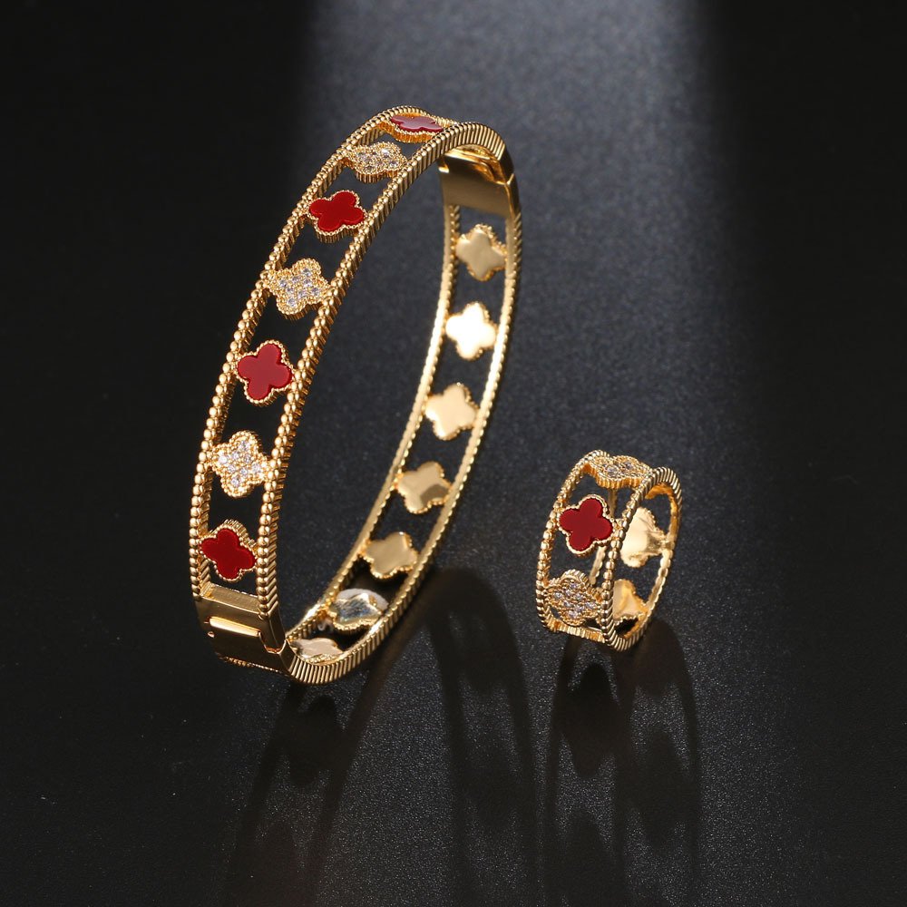 luxury four-leaf clover zirconia openwork bracelet ring jewelry sets gold red