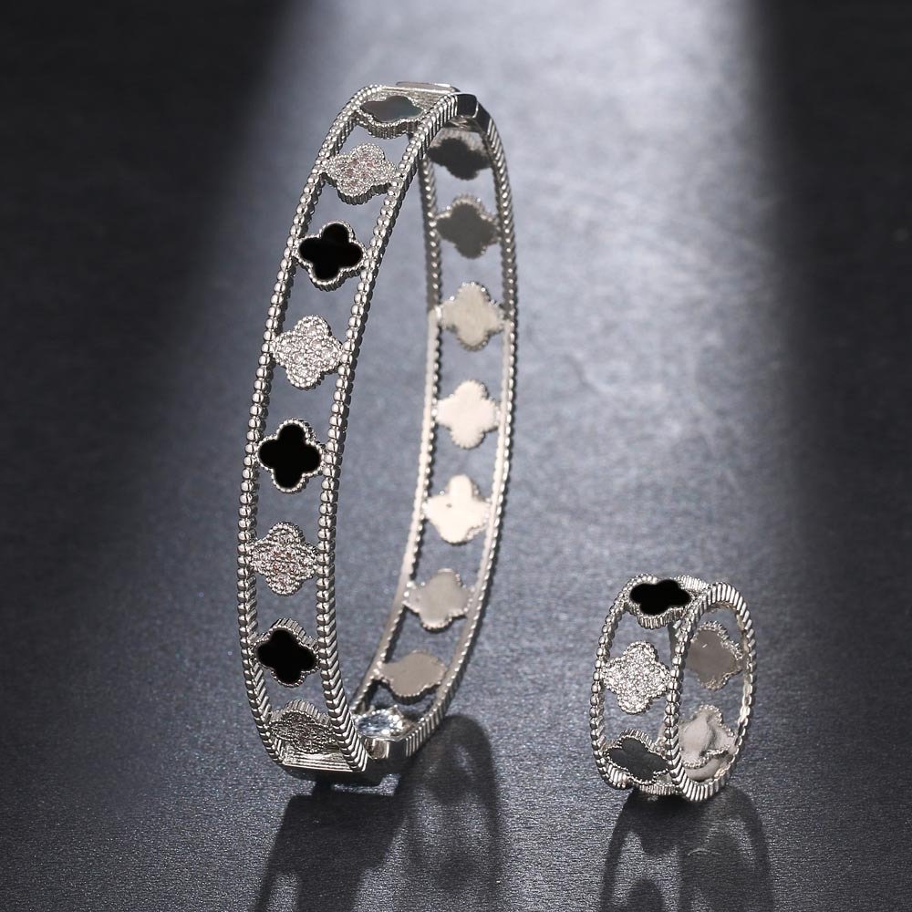luxury four-leaf clover zirconia openwork bracelet ring jewelry sets platinum black