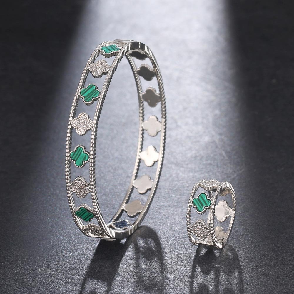 luxury four-leaf clover zirconia openwork bracelet ring jewelry sets platinum green