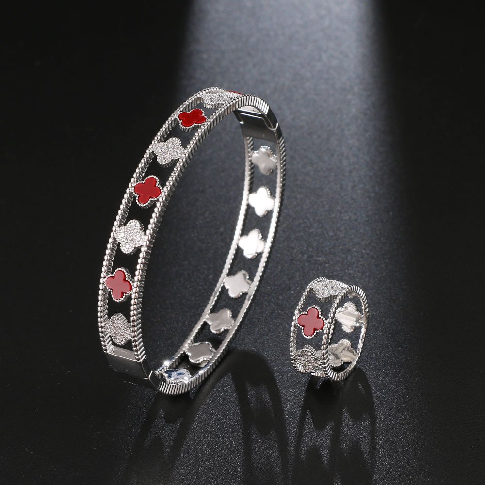 luxury four-leaf clover zirconia openwork bracelet ring jewelry sets platinum red