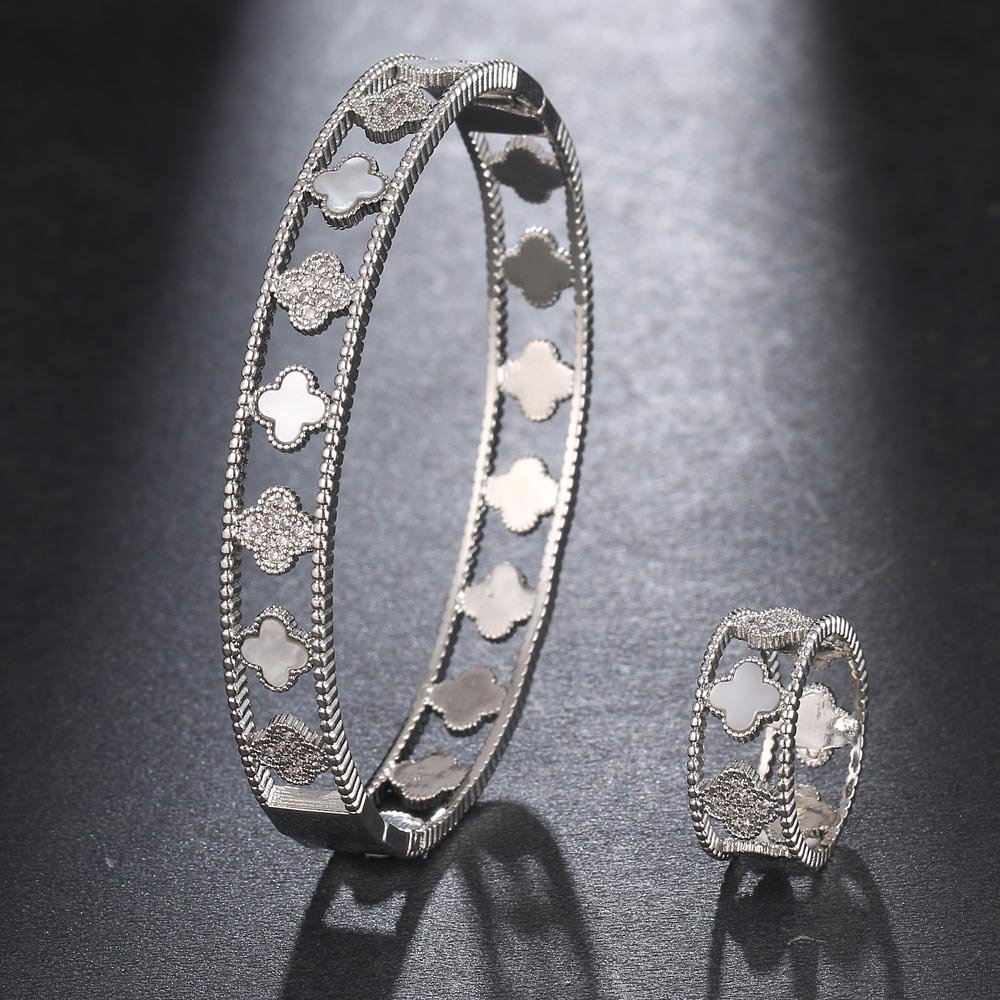 luxury four-leaf clover zirconia openwork bracelet ring jewelry sets platinum white