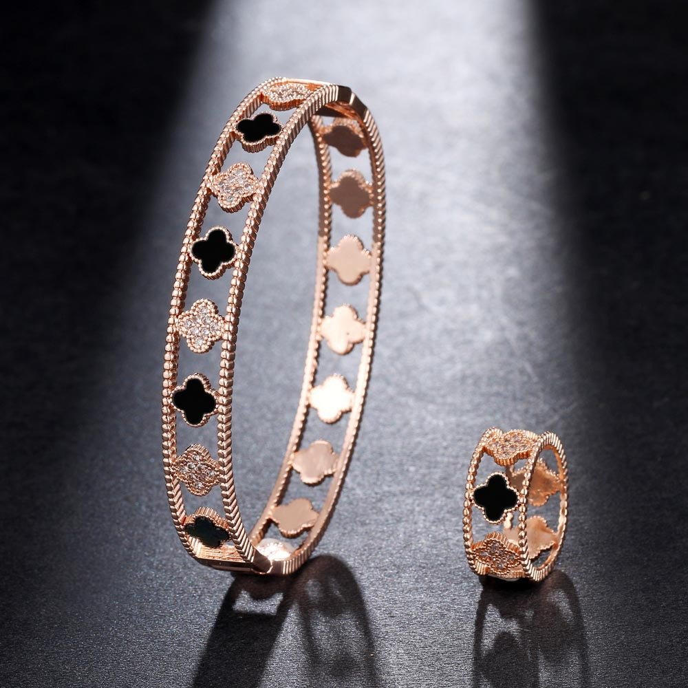 luxury four-leaf clover zirconia openwork bracelet ring jewelry sets rose gold black