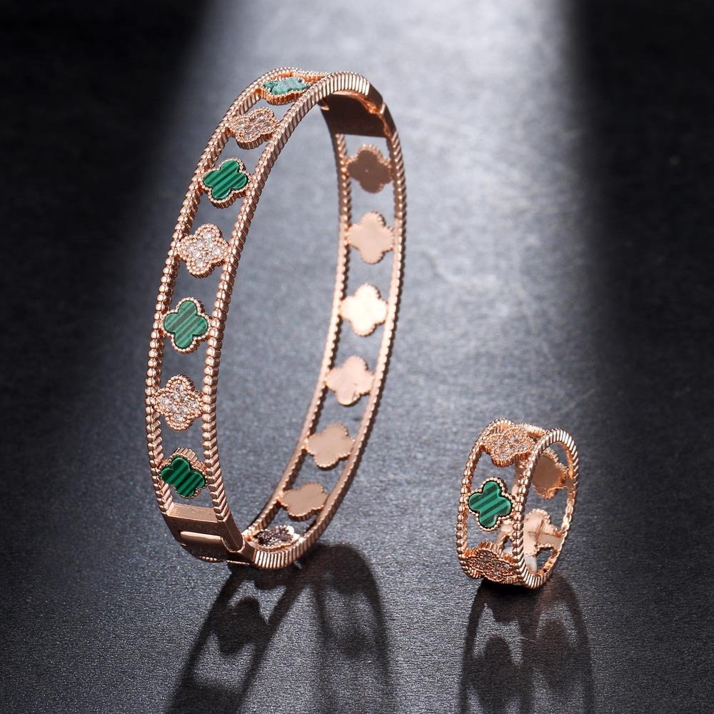 luxury four-leaf clover zirconia openwork bracelet ring jewelry sets rose gold green