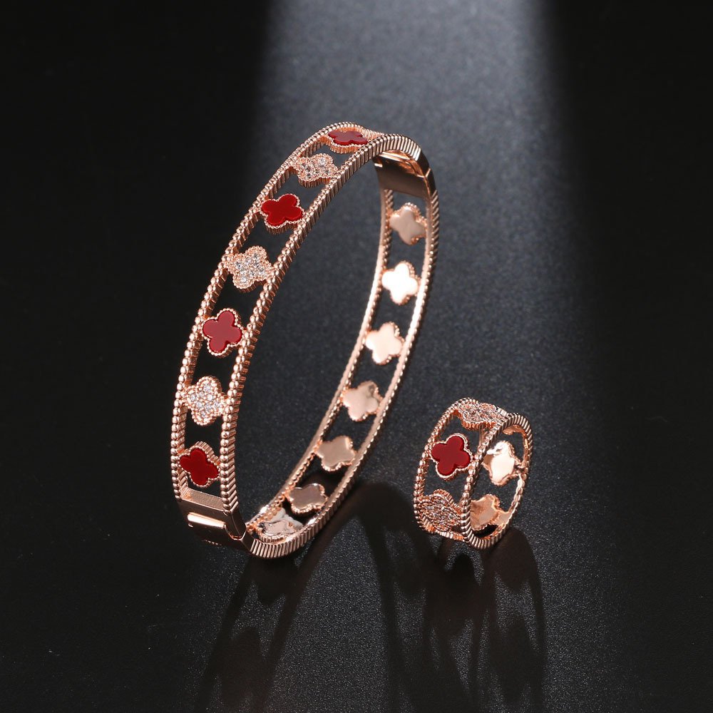 luxury four-leaf clover zirconia openwork bracelet ring jewelry sets rose gold red