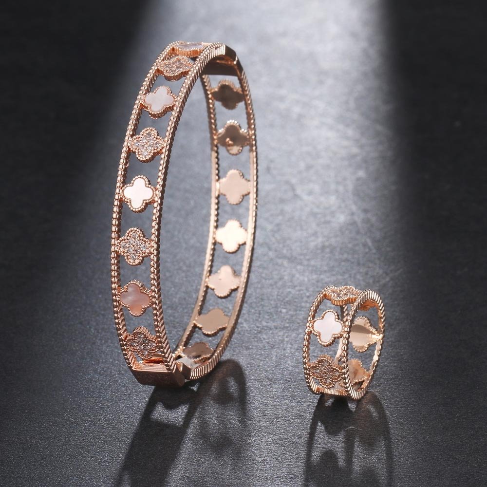 luxury four-leaf clover zirconia openwork bracelet ring jewelry sets rose gold white
