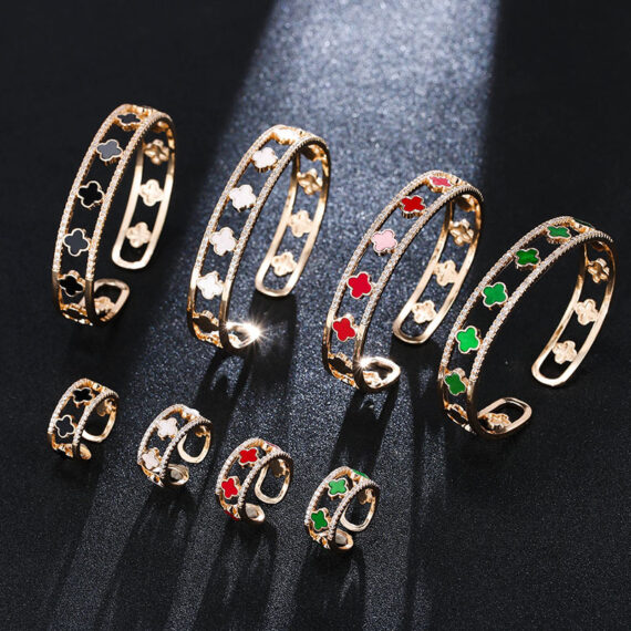 luxury lucky clover zirconia open bangle ring jewelry sets
