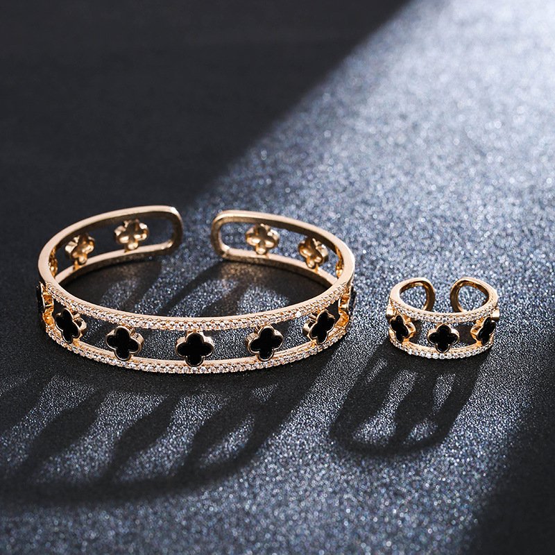 luxury lucky clover zirconia open bangle ring jewelry sets gold black