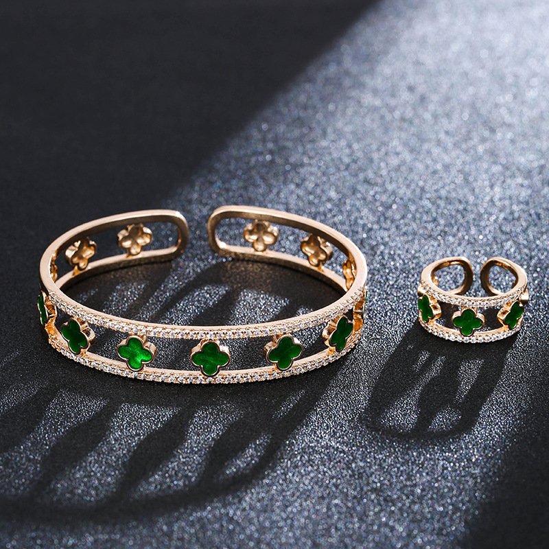 luxury lucky clover zirconia open bangle ring jewelry sets gold green