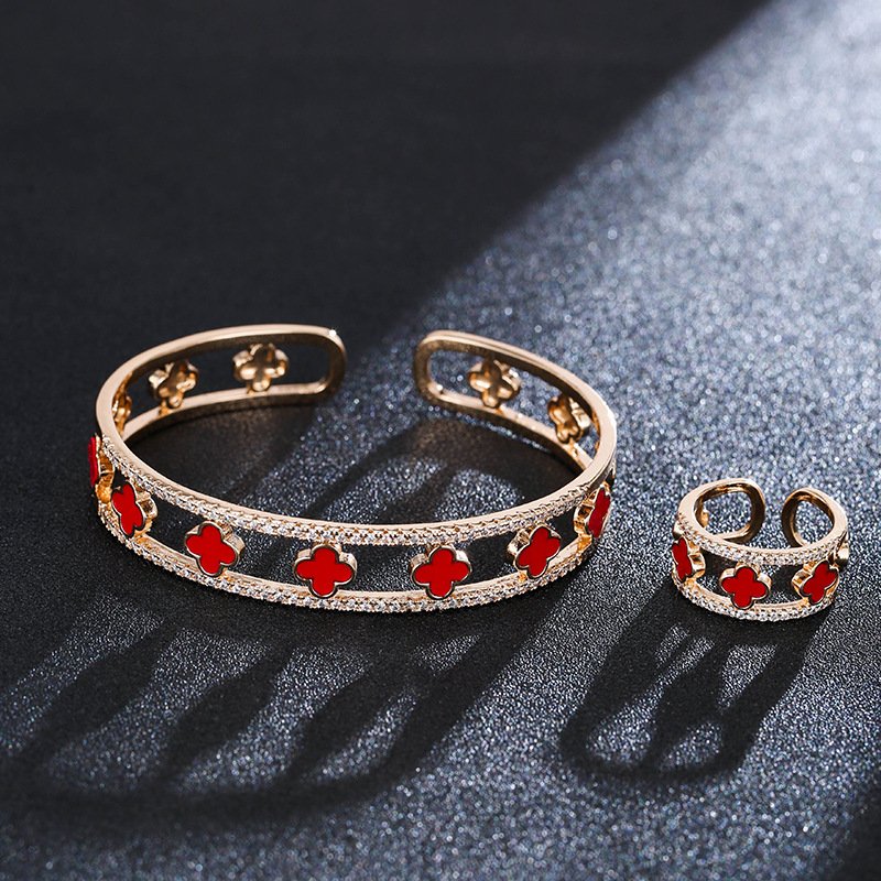luxury lucky clover zirconia open bangle ring jewelry sets gold red
