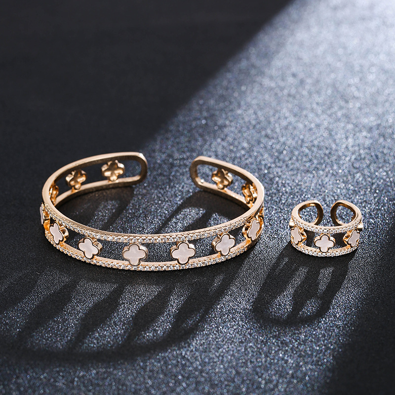 luxury lucky clover zirconia open bangle ring jewelry sets gold white