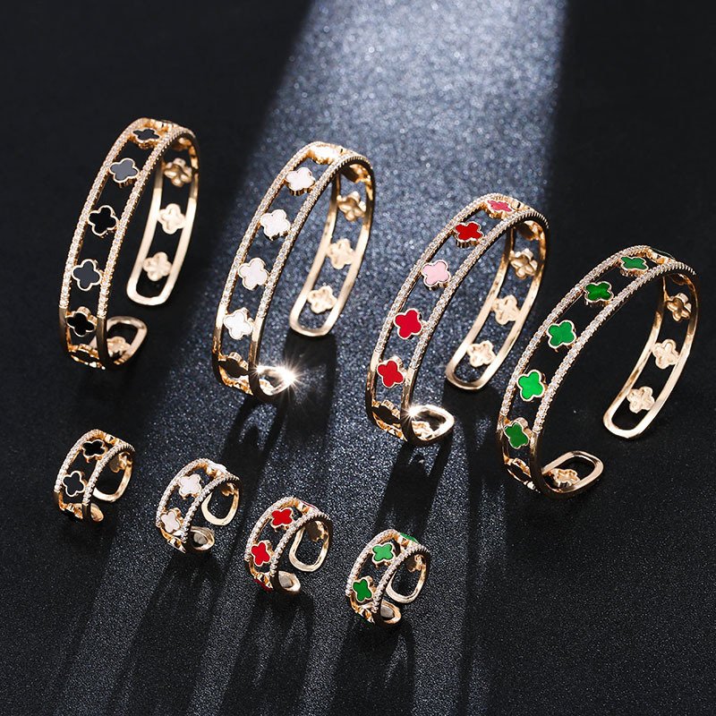 luxury lucky clover zirconia open bangle ring jewelry sets luxury lucky clover zirconia open bangle ring jewelry sets