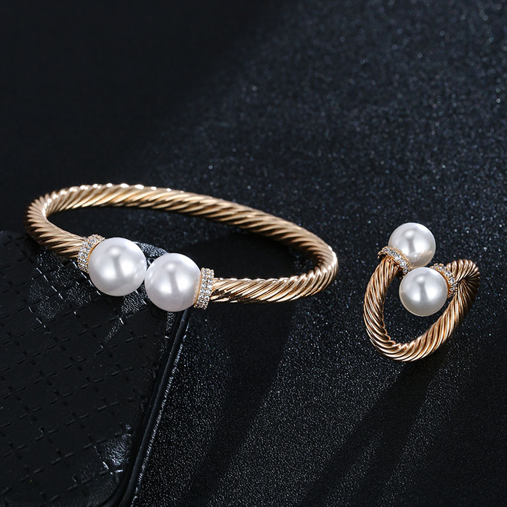 pearl zircon open bracelet ring jewelry sets (1)