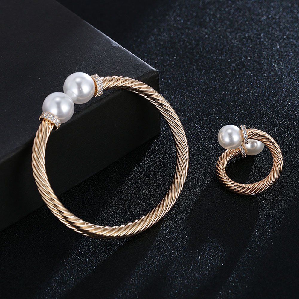 pearl zircon open bracelet ring jewelry sets (2)