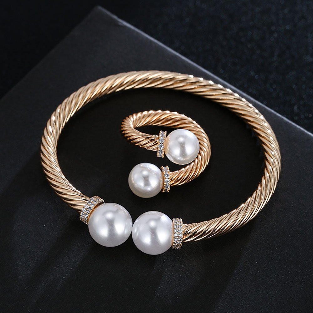 pearl zircon open bracelet ring jewelry sets pearl zircon open bracelet ring jewelry sets