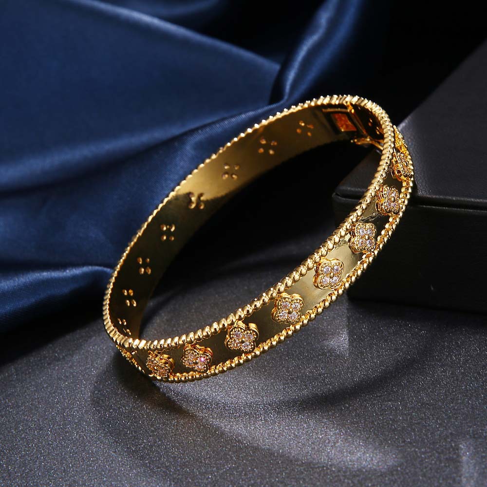 vintage clover zirconia copper bangle bracelets gold
