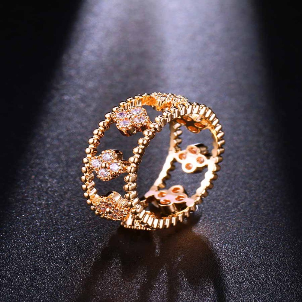 women four-leaf clover 3A zircon rings gold